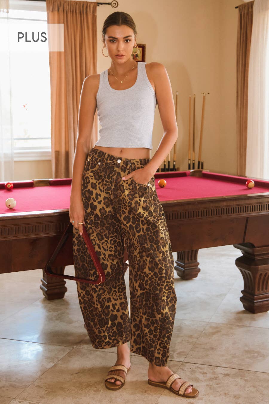 Plus Washed Leopard Printed Barrel Jean