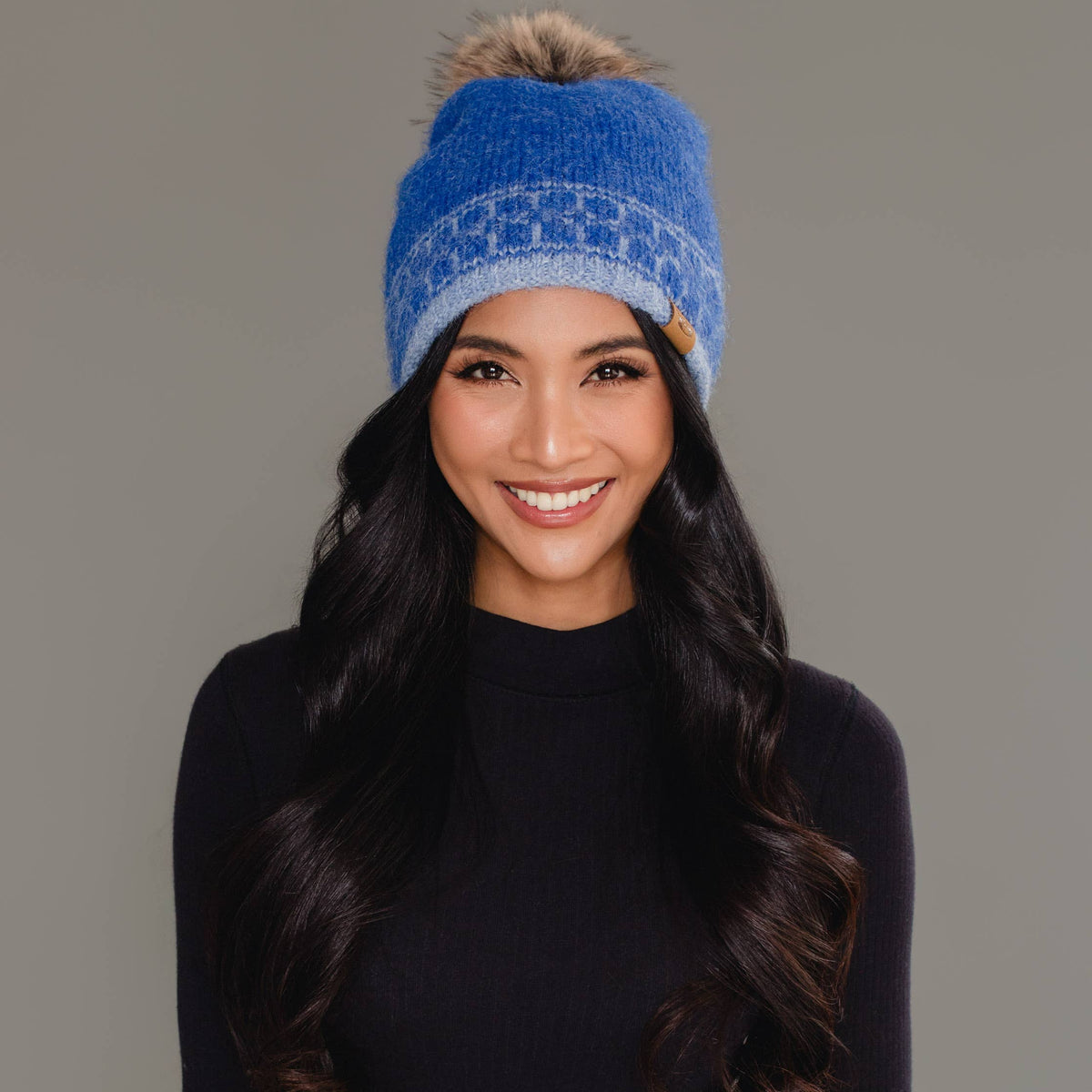 Blue & Lt. Blue Patterned Knit Pom Hats