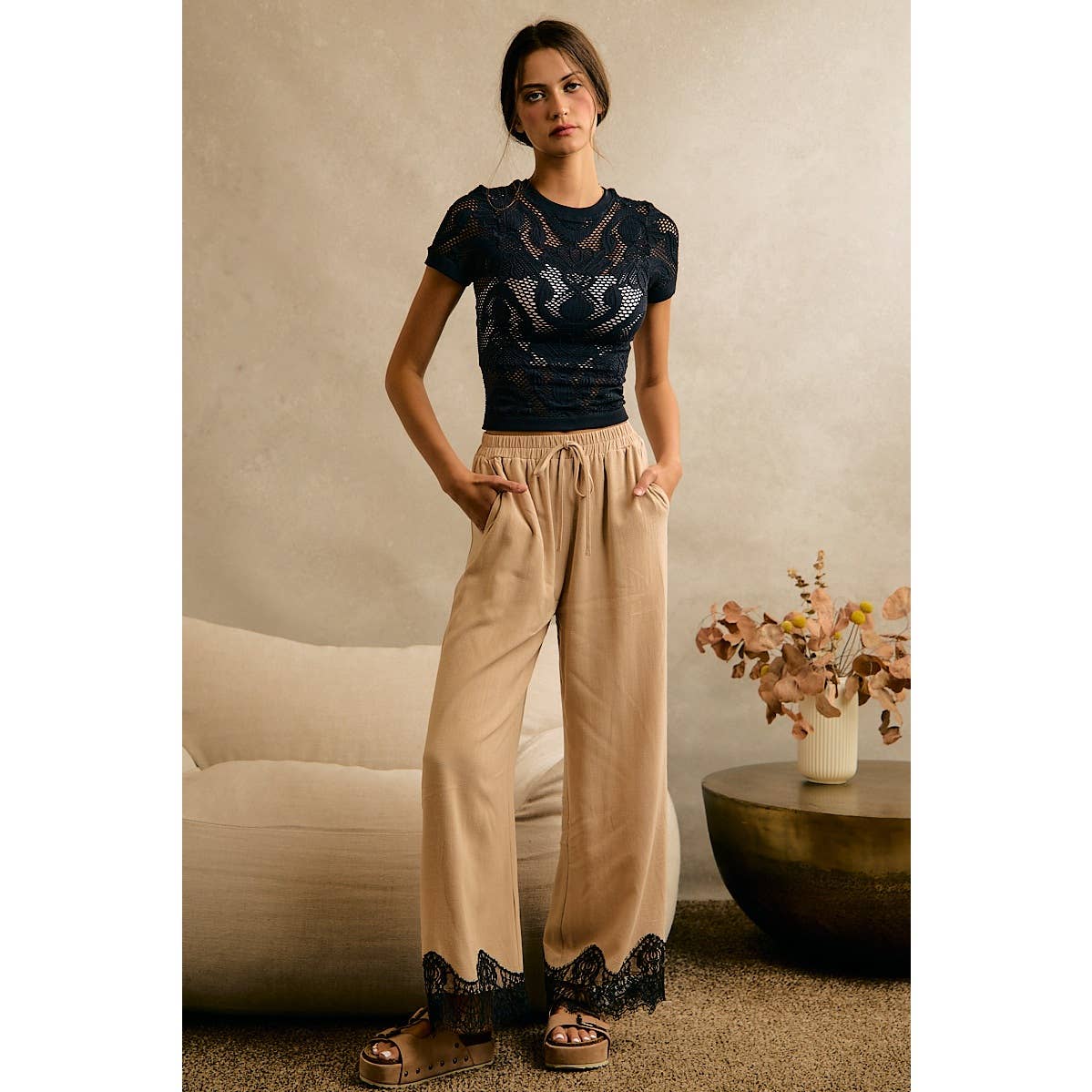 The Odette Lace Trim Linen Pants