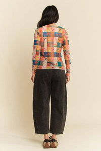 Thumbnail for MULTI CHECKER FLORAL PRINTED LONG SLEEVE MESH TOP