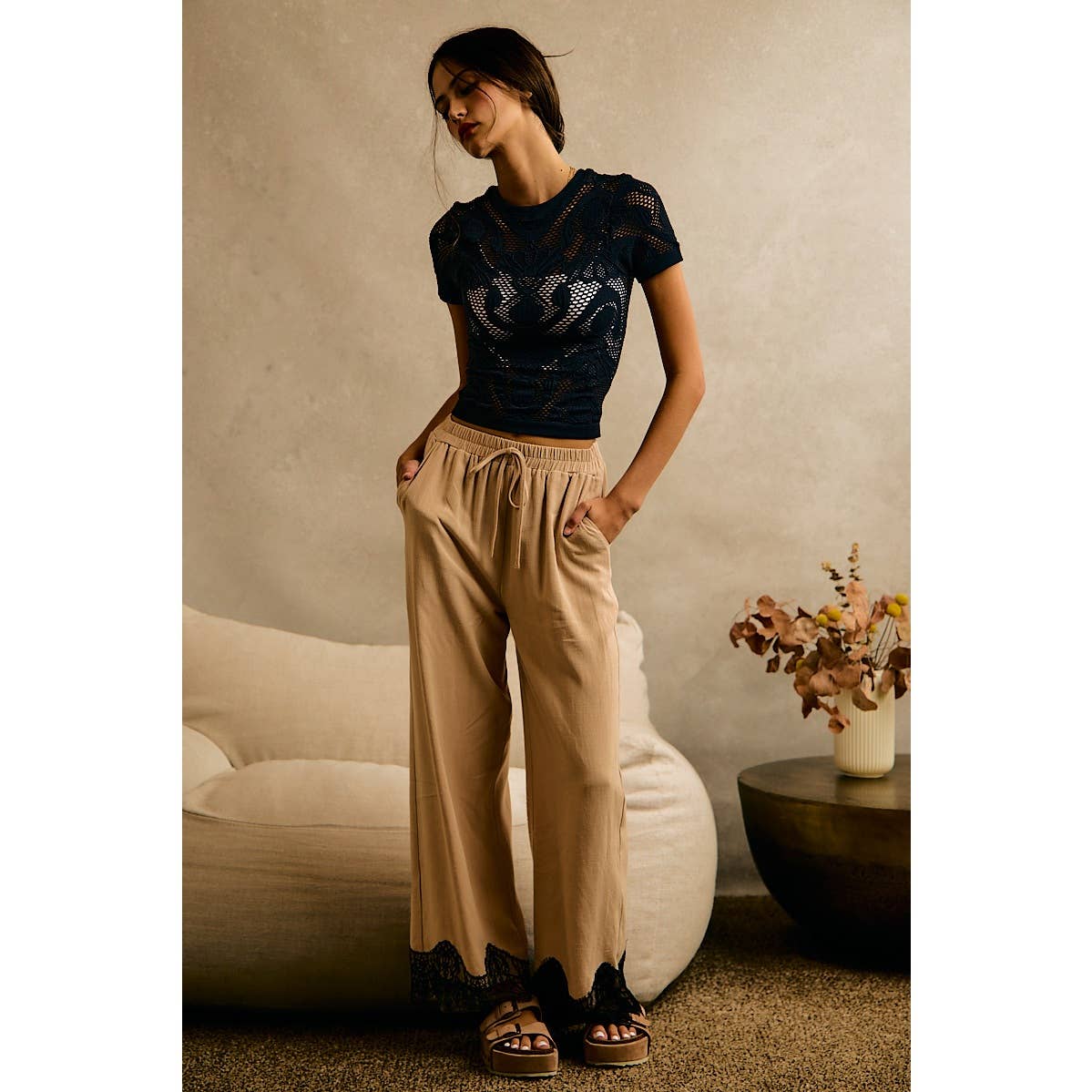 The Odette Lace Trim Linen Pants