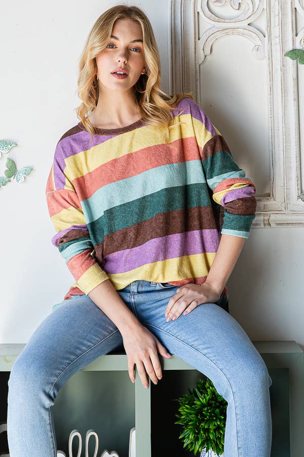 Multi-color Stripe Top with a Roundneck and Slits