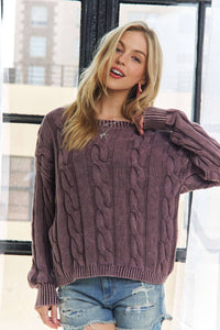 Thumbnail for PLUM MINERAL WASHED CABLE KNIT SWEATER TOP