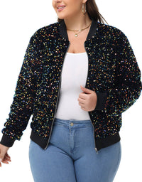 Thumbnail for Plus Size Sequin Jacket Sparkly Zip Bomber Coat With Pockets