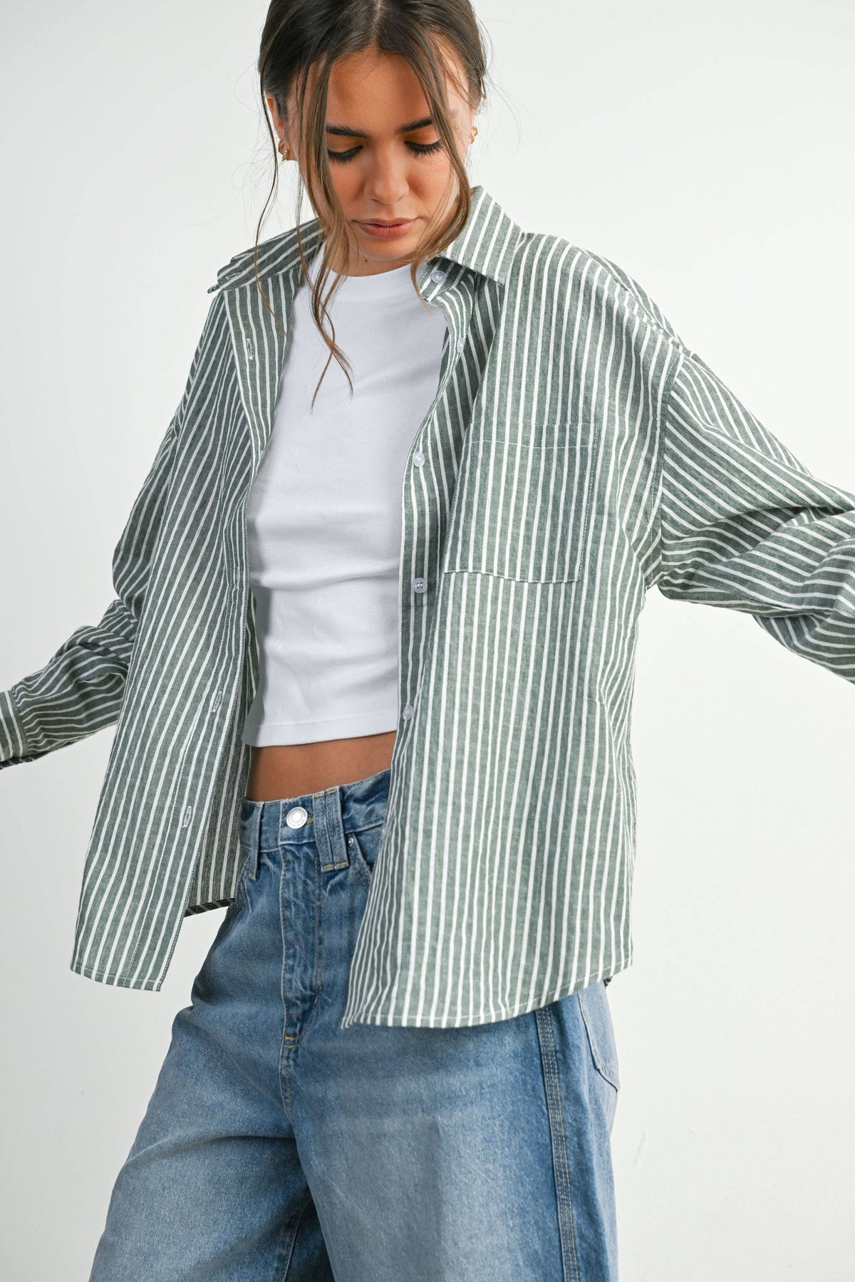 Cropped Striped Button-Up Collared Long Sleeve Top - BMT7915