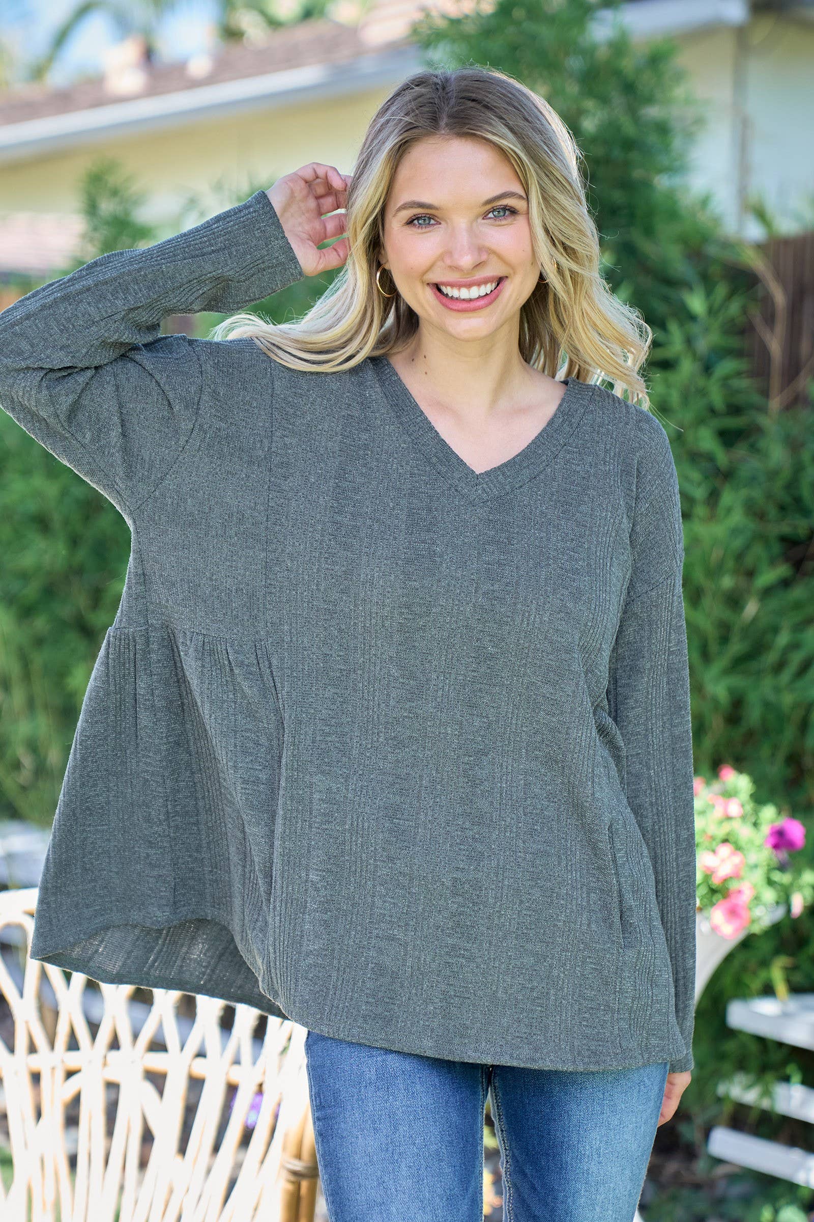 Plus size Rib knit long sleeve top with side yoke.