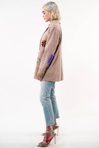 Thumbnail for Pink Ash Washed Button-Up Blazer with Embroidered Patches and Velvet Elbow Details