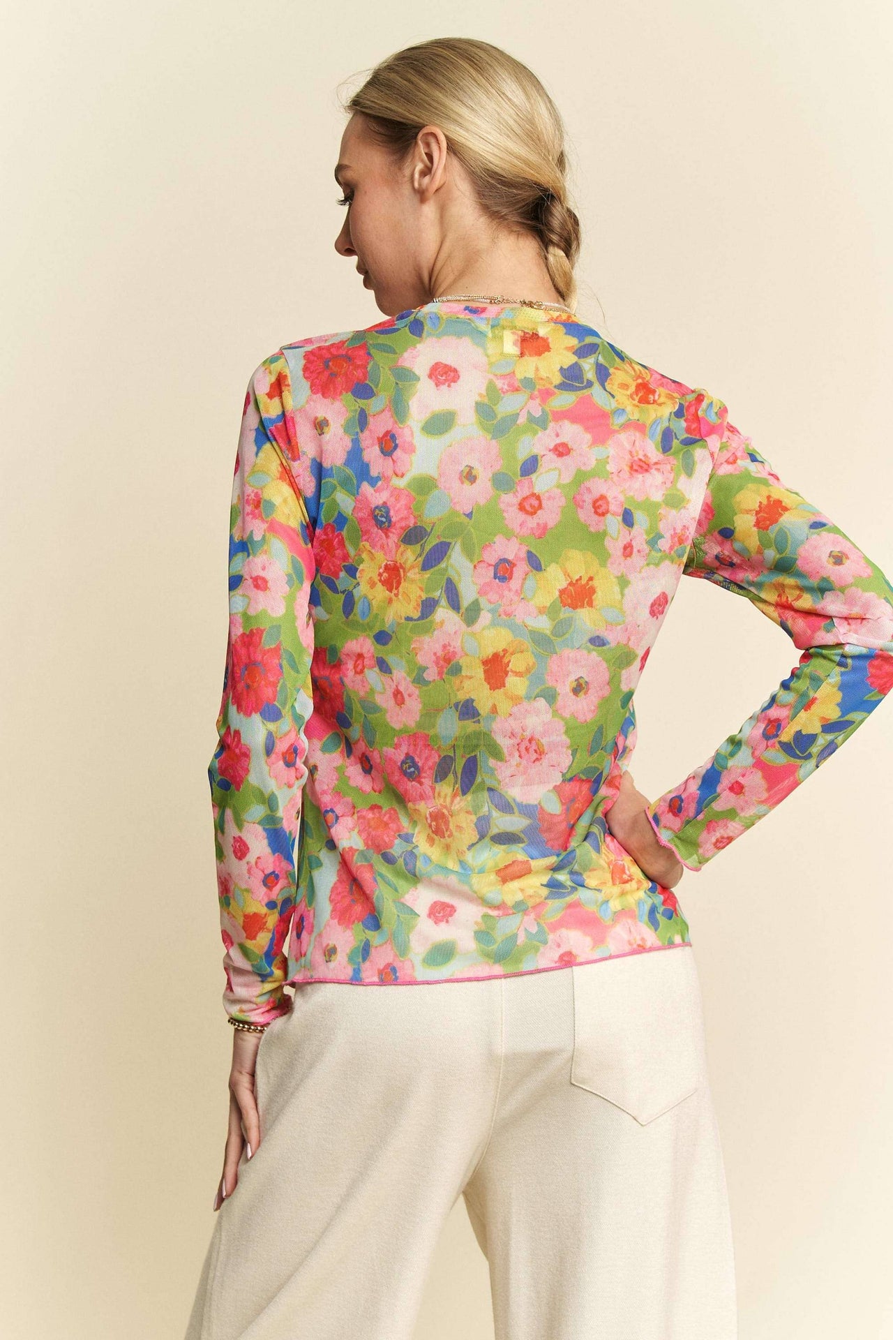 Floral Mesh Round Neck Long-Sleeve Top