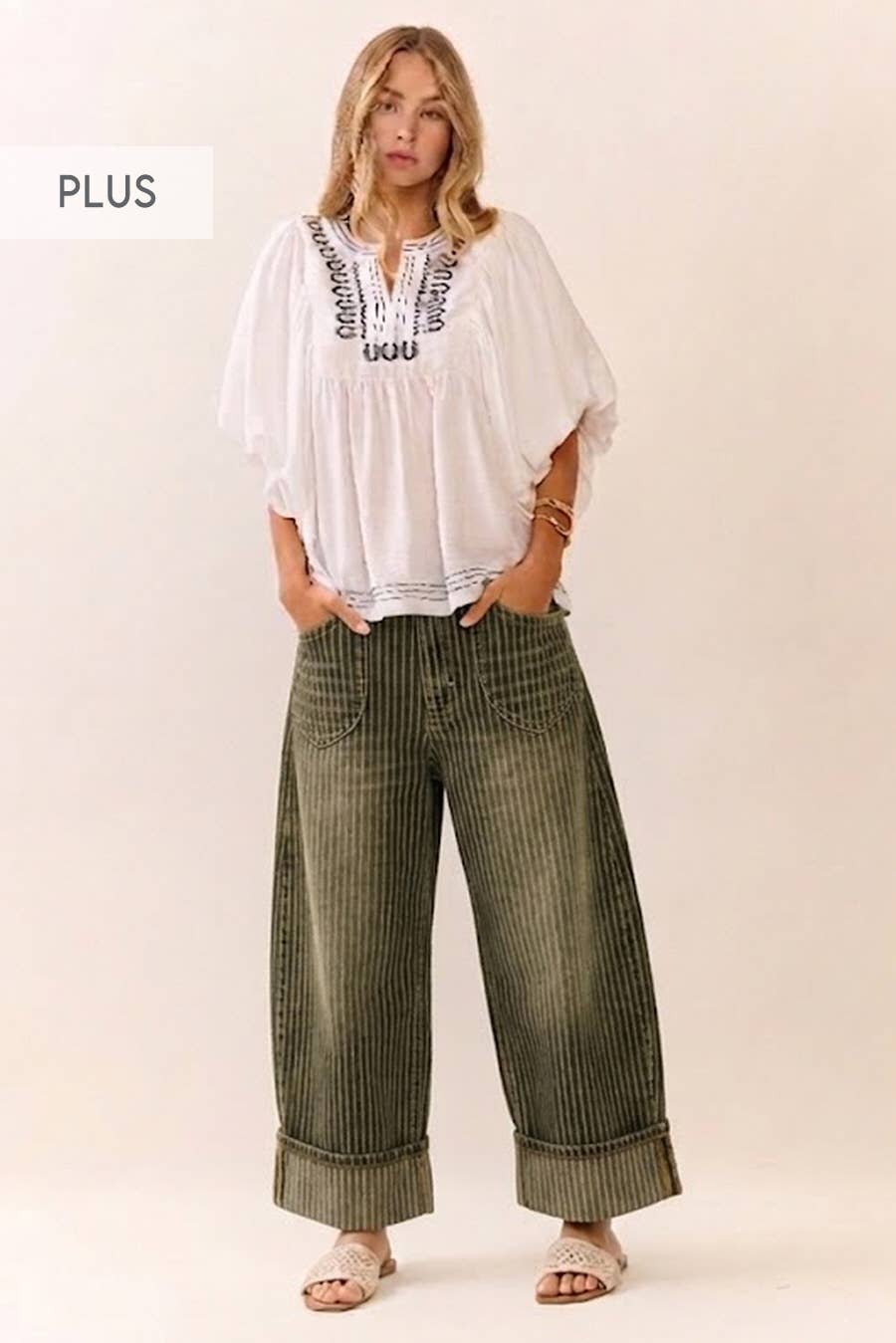 The Maren Striped Barrel Pants-Plus