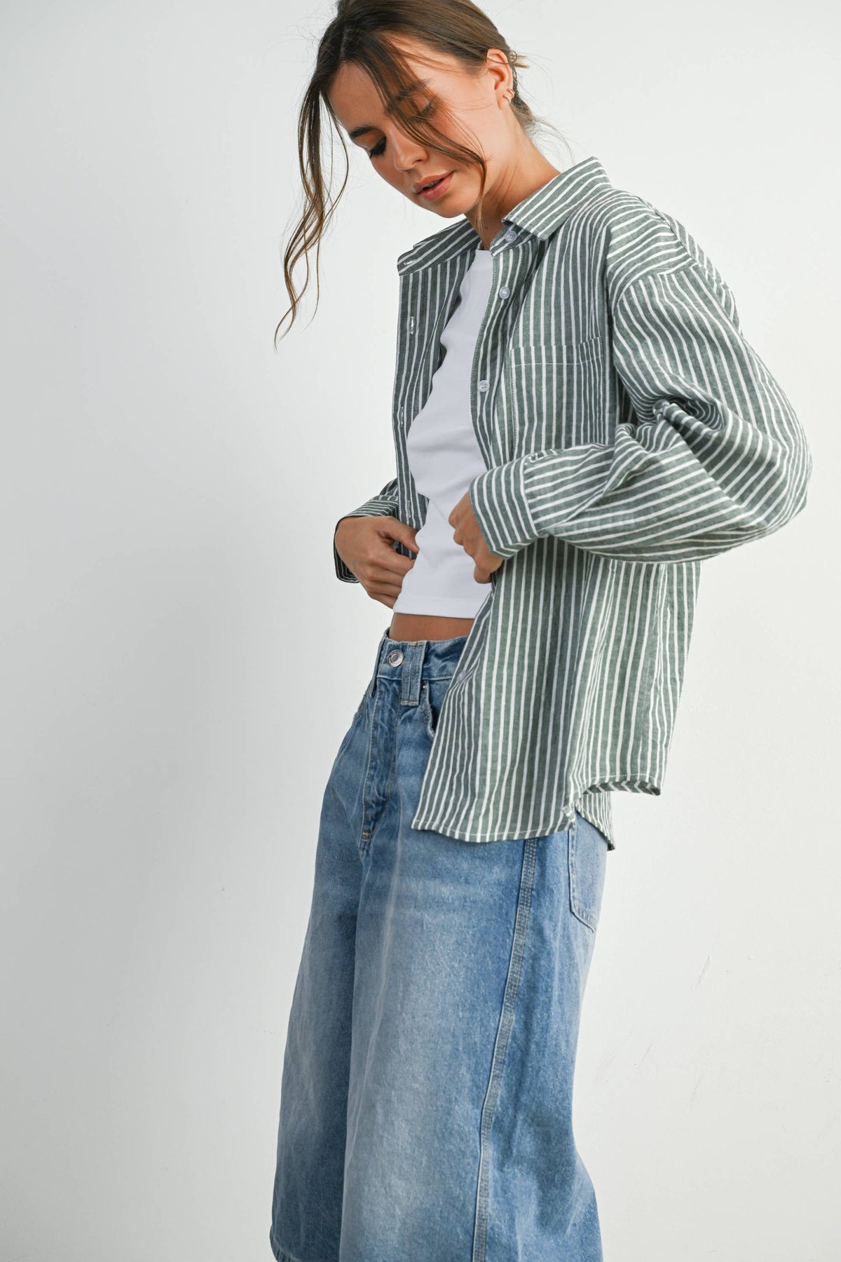 Cropped Striped Button-Up Collared Long Sleeve Top - BMT7915