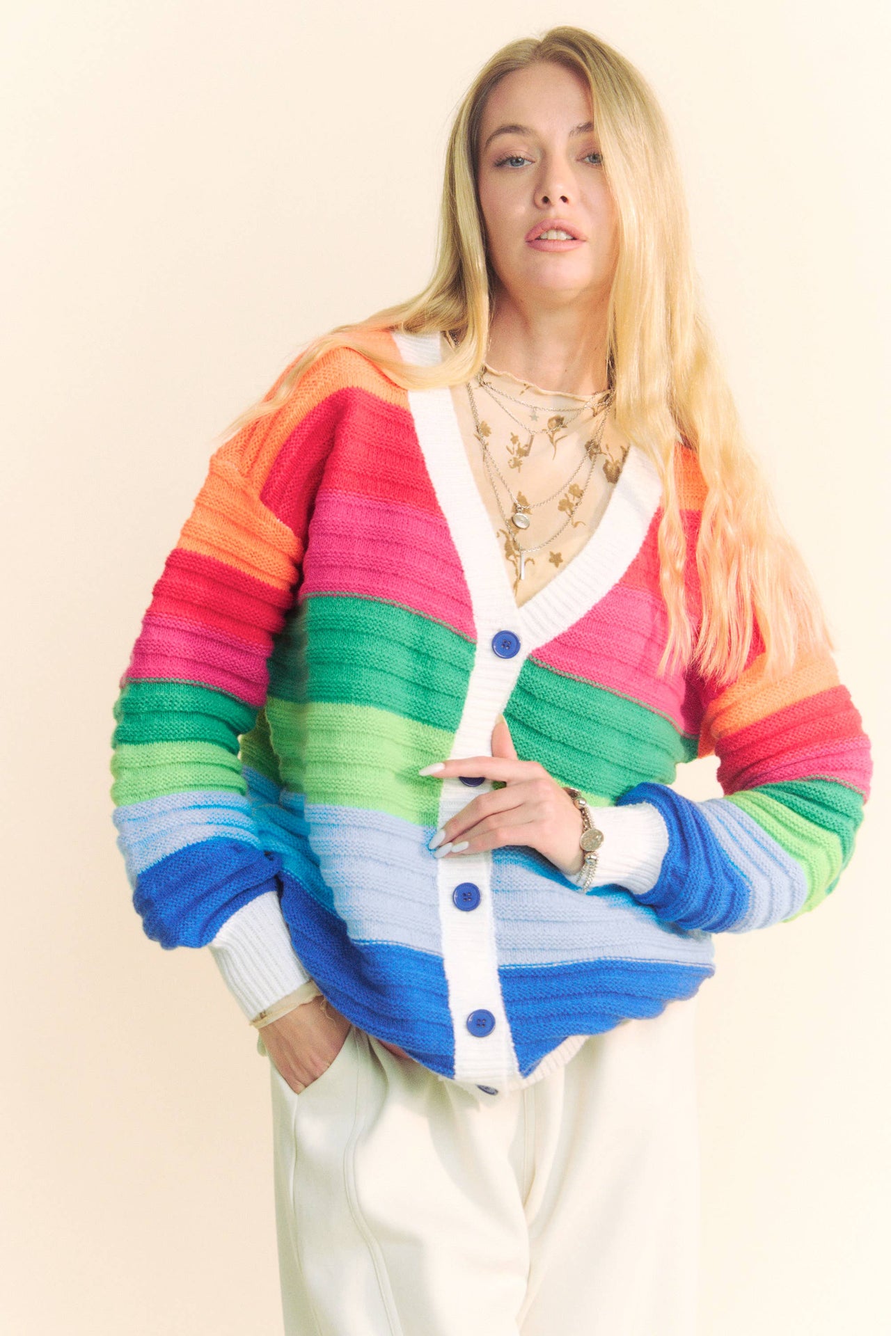 PLUS STRIPED TEXTURED KNIT MULTI SWEATER CARDIGAN: Rainbow