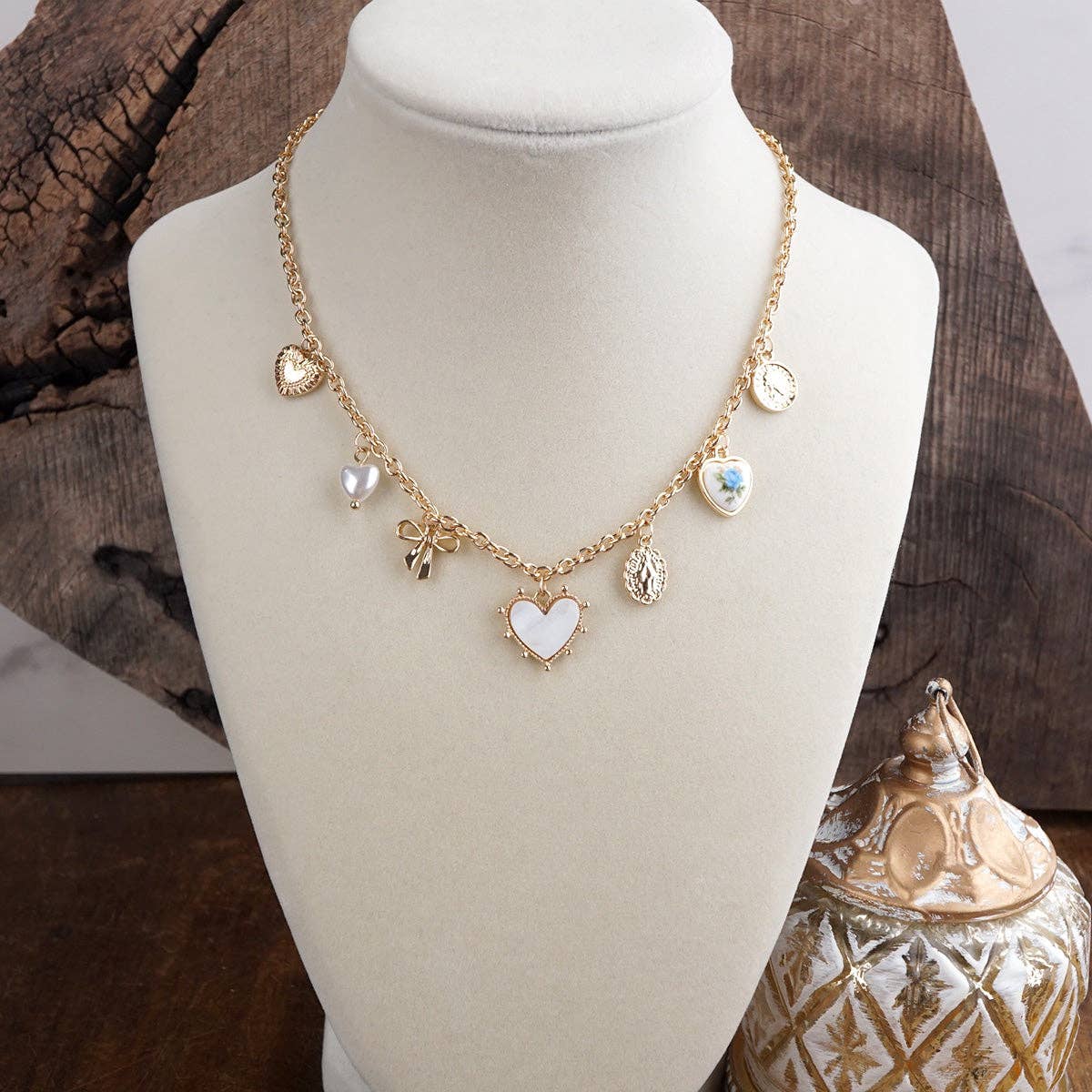Keepsake Hearts – Multi-Charm Heart Necklace in Gold Tone