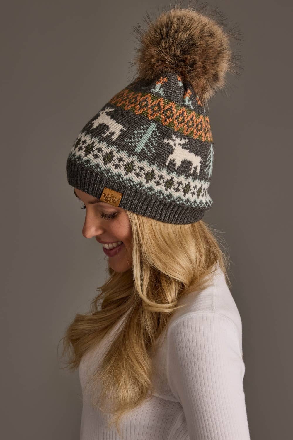 Gray Deer Winter Pattern Pom Hat