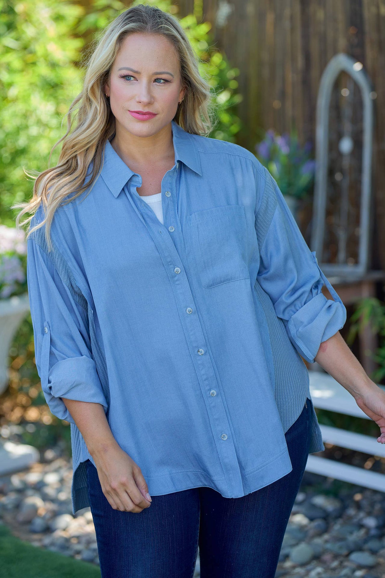 Plus Breezy Denim-Blue Button-Up