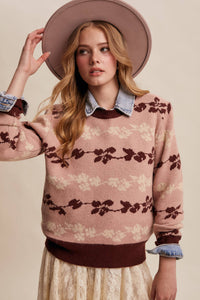 Thumbnail for Floral Jacquard Knit Muted Rose Pullover Sweater