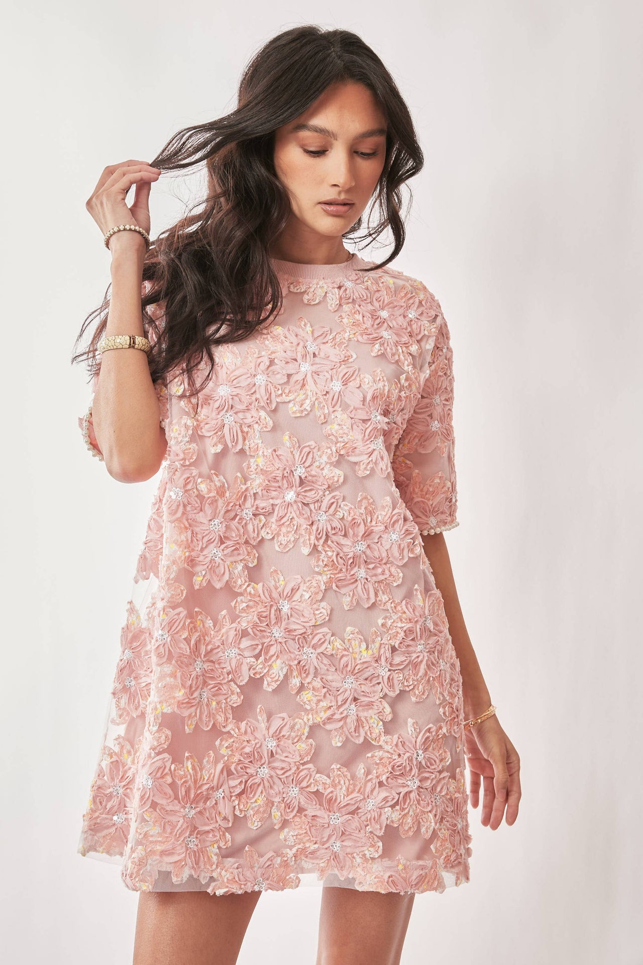FLORAL EMBROIDERY SEQUINED MESH MINI DRESS