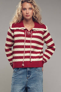 Thumbnail for Lace-Up Cable Knit Striped Sweater Top