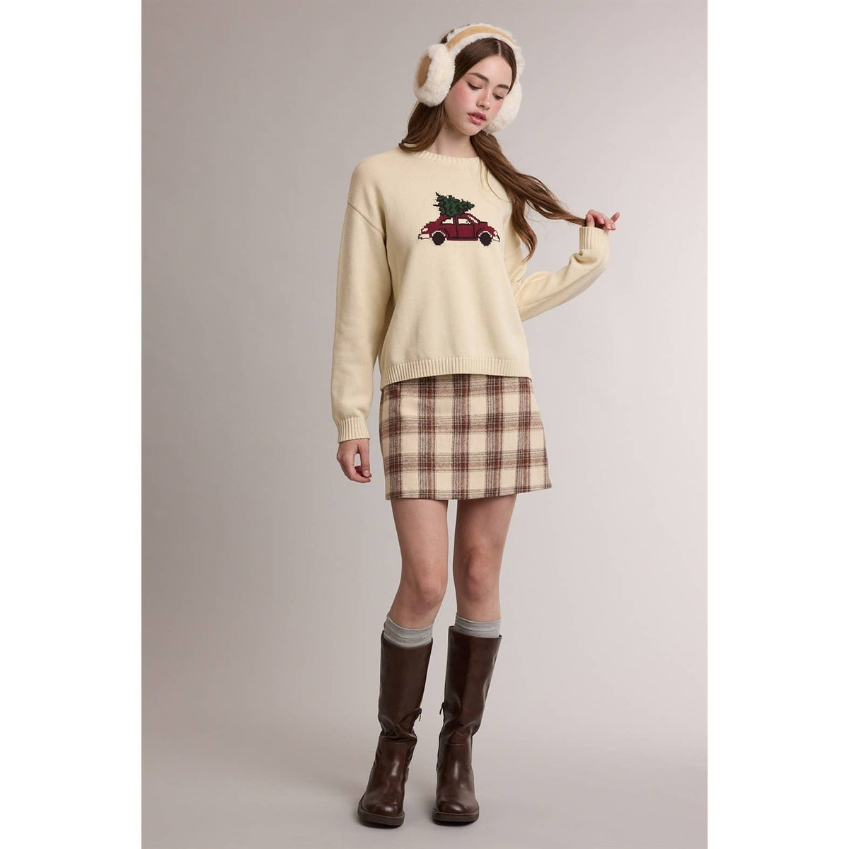 CHRISTMAS TREE CAR GRAPHIC KNIT SWEATER / WL26-14078