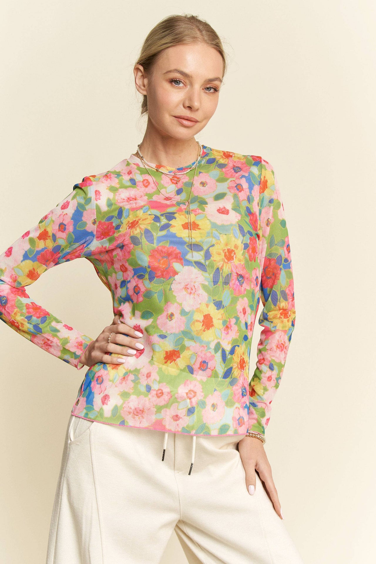PLUS FLOWER PRINT MESH ROUND NECK LONG SLEEVE TOP