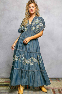 Thumbnail for Embroidery Ruffle Neck Loop Cotton Denim V-neck Long Dress