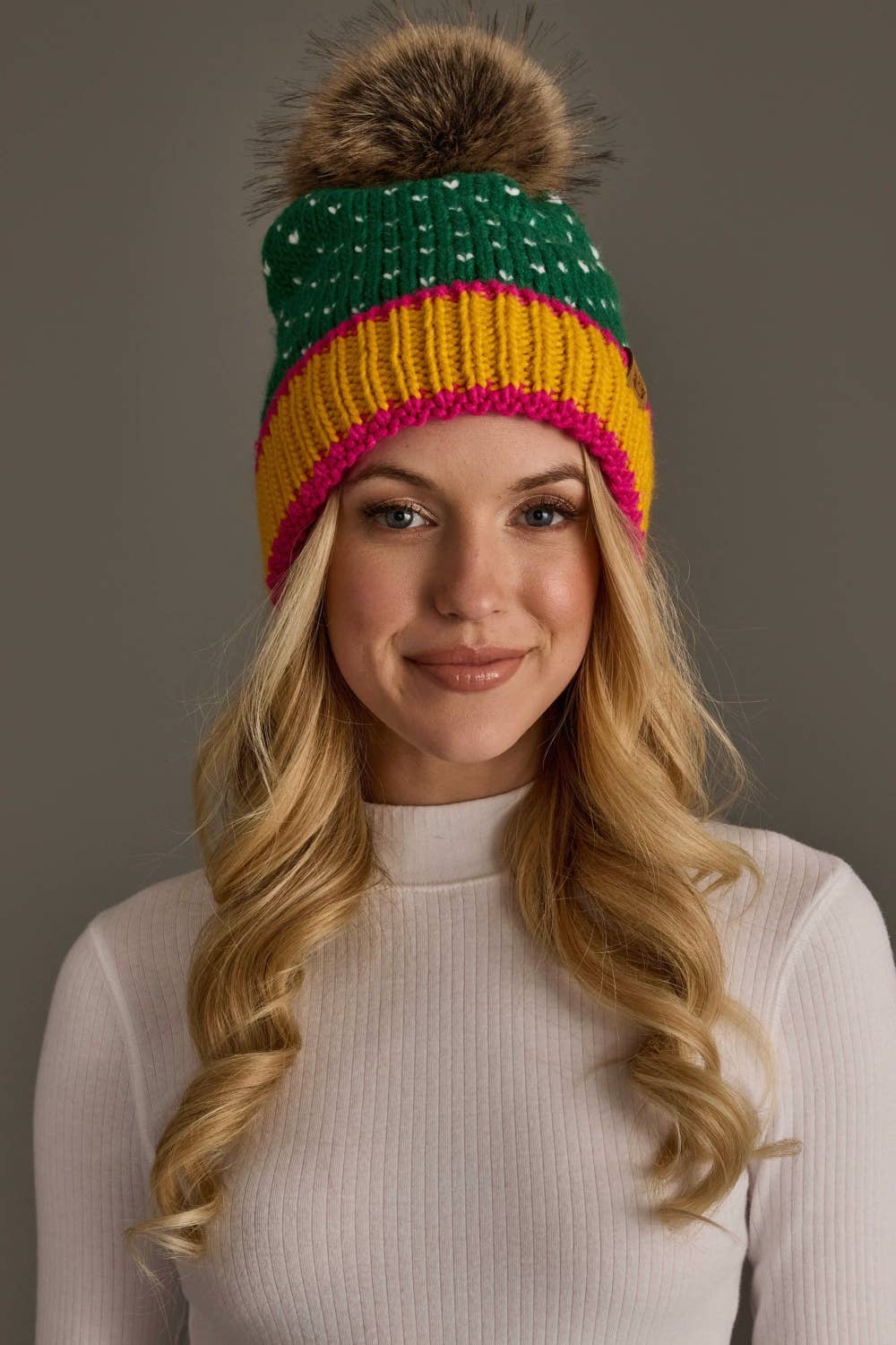 Green, White & Mustard Heart Design Pom Hat