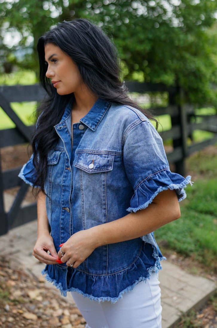 Raw Edge Ruffled Short Sleeve Denim Jacket