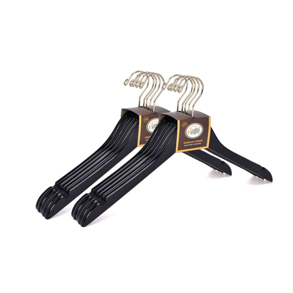 W071 Semi Curved Wooden Hangers - Black with Gold Hook - 80