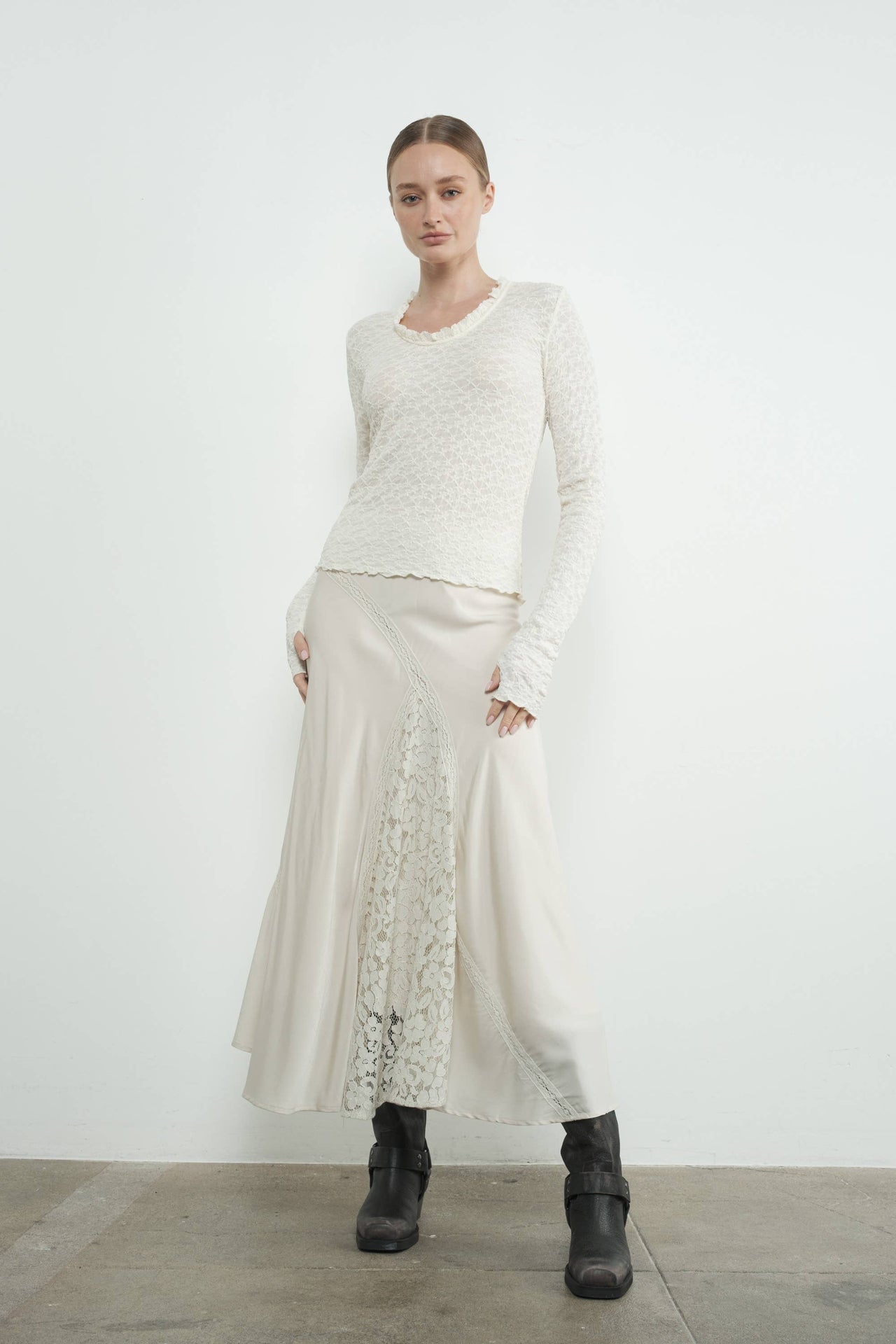 Elegant Cream Lace Long-Sleeve Top with Ruffle Details and U-Neckline