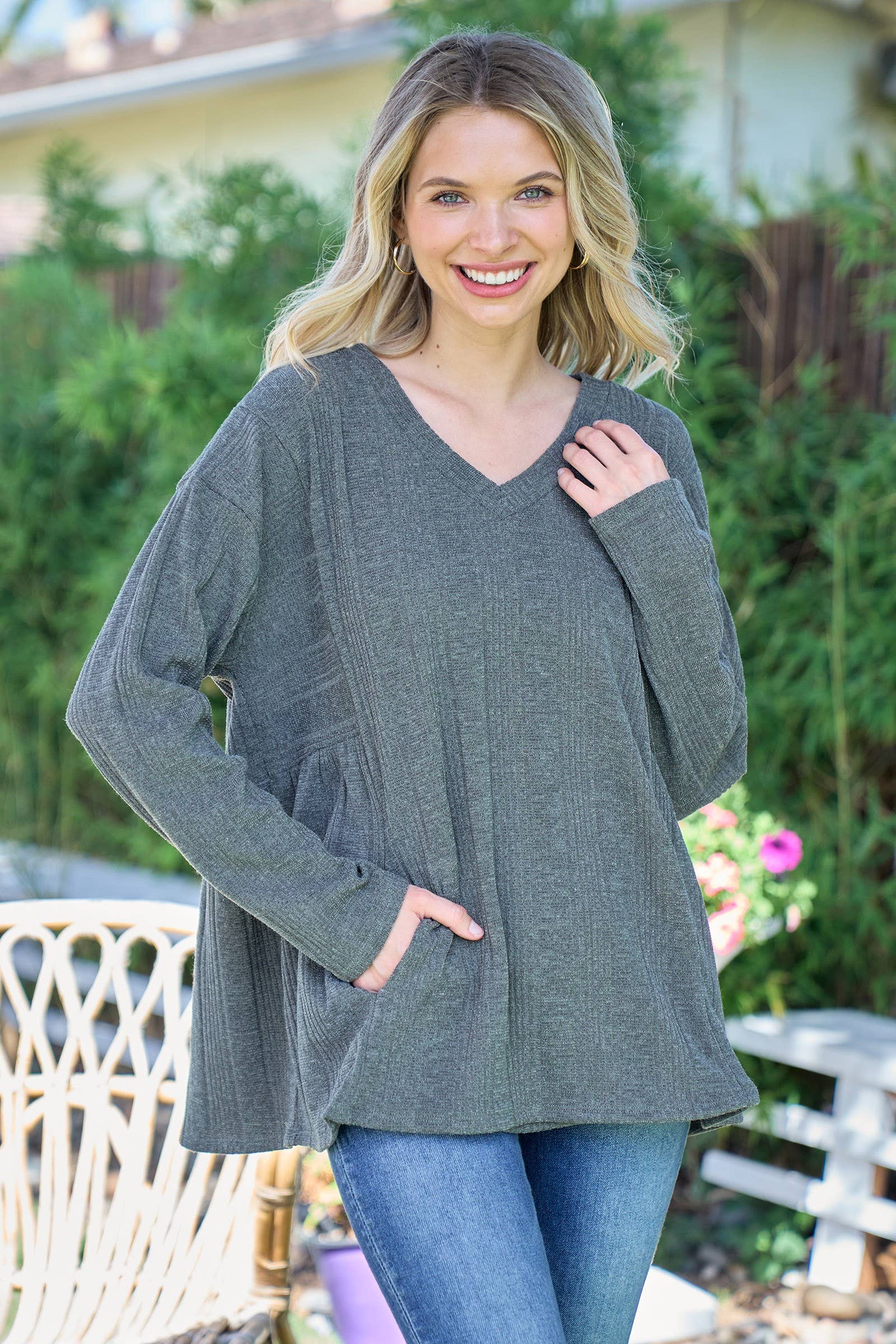 Plus size Rib knit long sleeve top with side yoke.