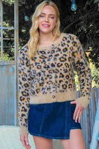 Thumbnail for Fuzzy Leopard Button Cardigan