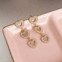 Thumbnail for 3 Hearts Dangle Post Earrings with Pearls and Crystals – Gold or Silver Tone