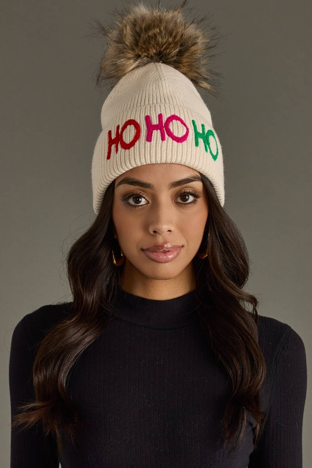 Beige Ho Ho Ho Knit Pom Hat