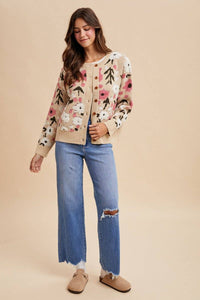 Thumbnail for Boucle Flower Pattern Sweater Cardigan
