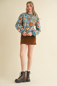 Thumbnail for HEART PATTERN PULLOVER SWEATER