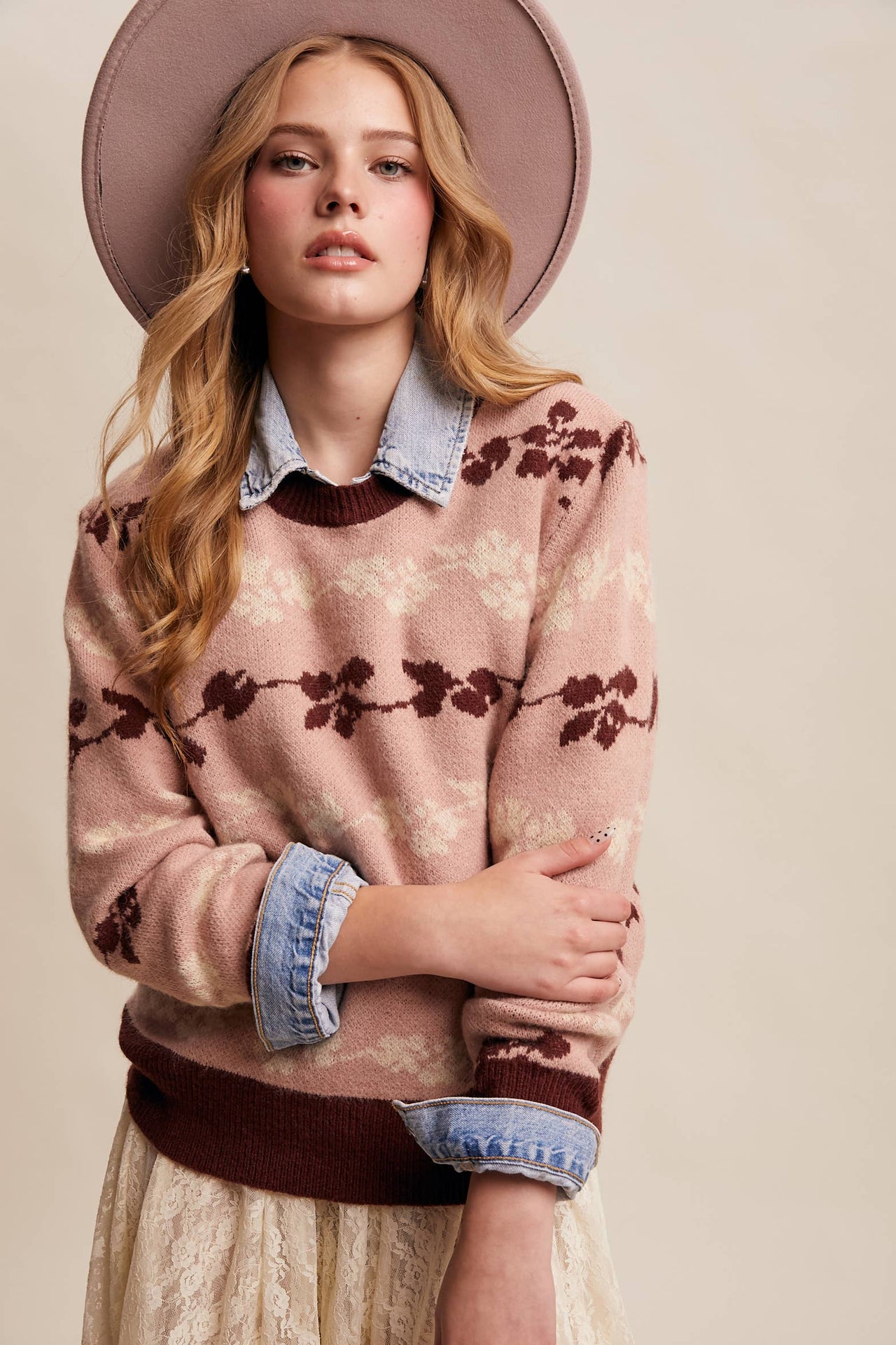Floral Jacquard Knit Muted Rose Pullover Sweater