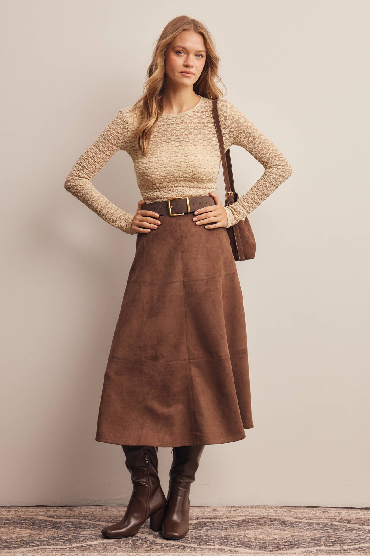 Stretched Suede A-Line Midi Skirt FSK0023