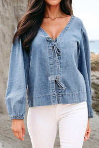 Thumbnail for Denim Tie-Front V-Neck Blouse | Casual Light Wash Top