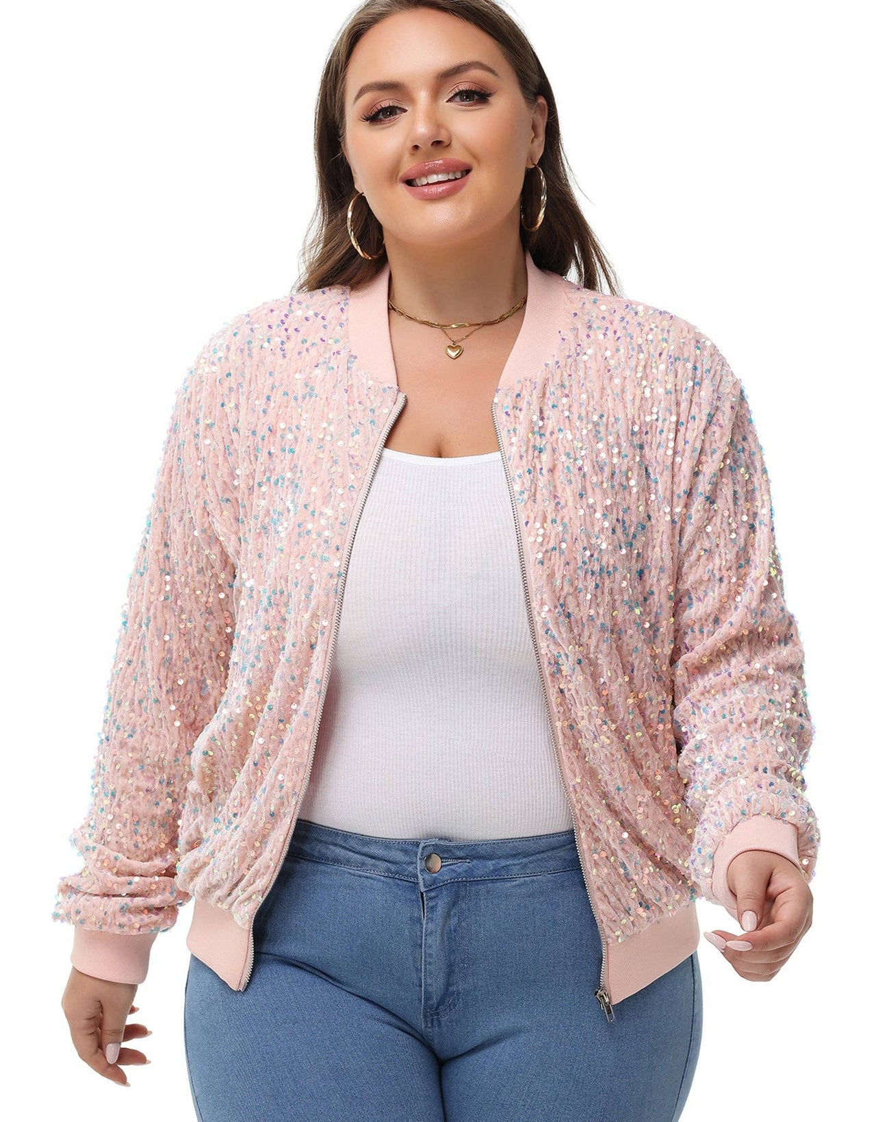 Plus Size Sequin Jacket Sparkly Zip Bomber Coat With Pockets
