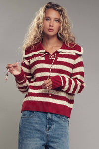 Thumbnail for Lace-Up Cable Knit Striped Sweater Top