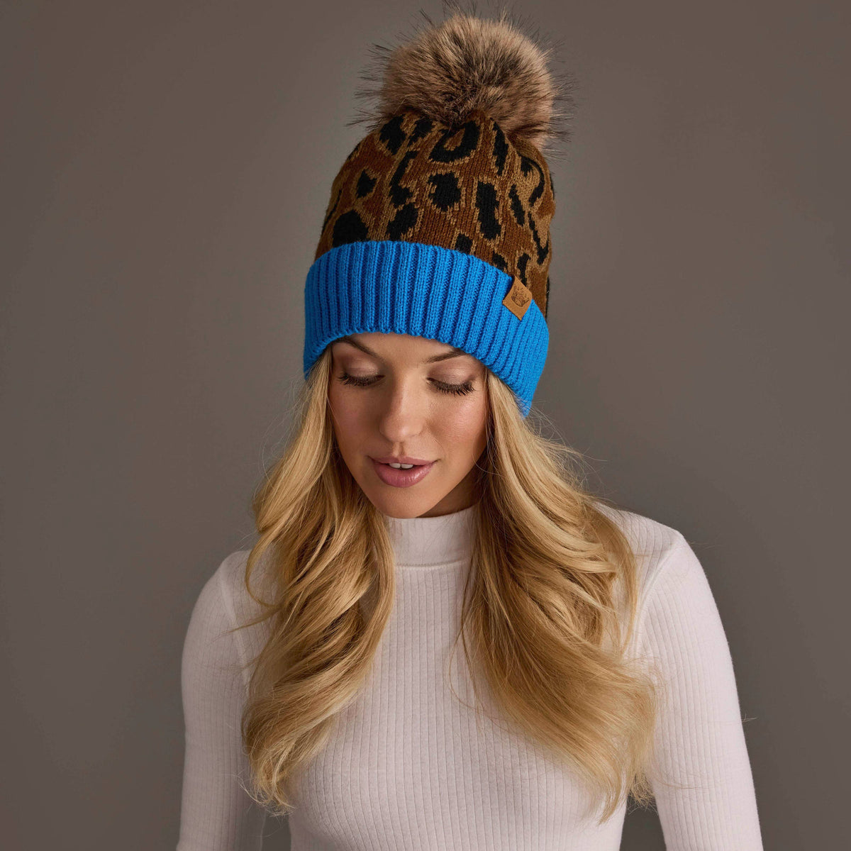 Brown Leopard Pattern Pom Hat with Blue Cuff