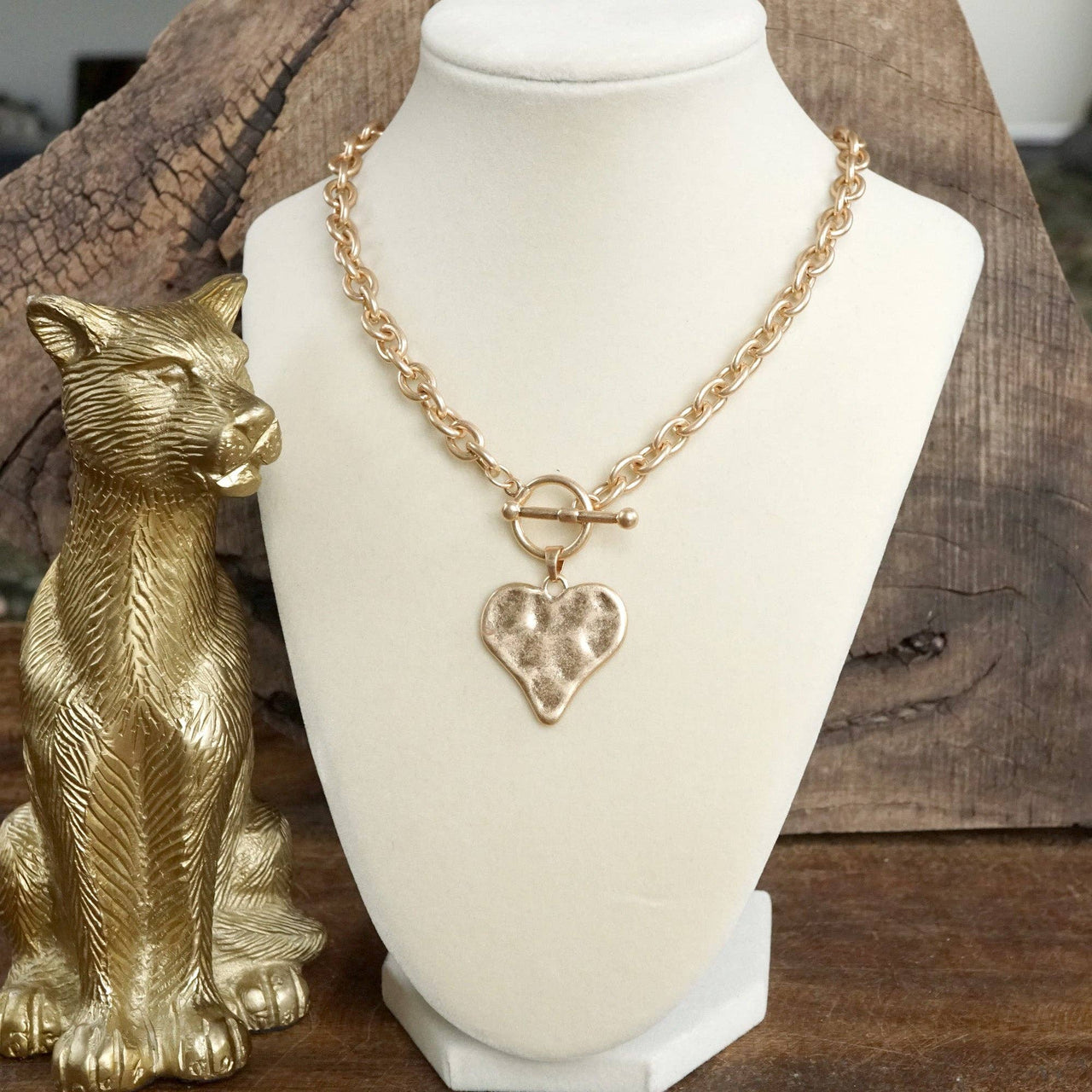 Boho Hammered Heart Front Toggle Necklace – Rustic Gold or Silver