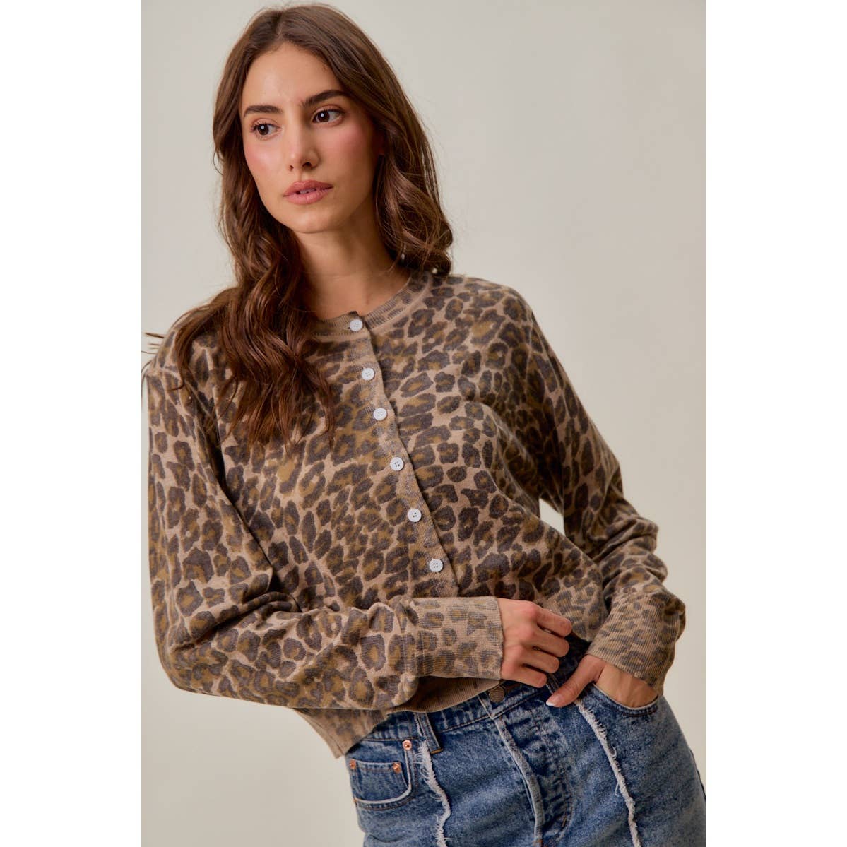 WASHED INSPIRED LEOPARD PRINT SWEATER CARDIGAN