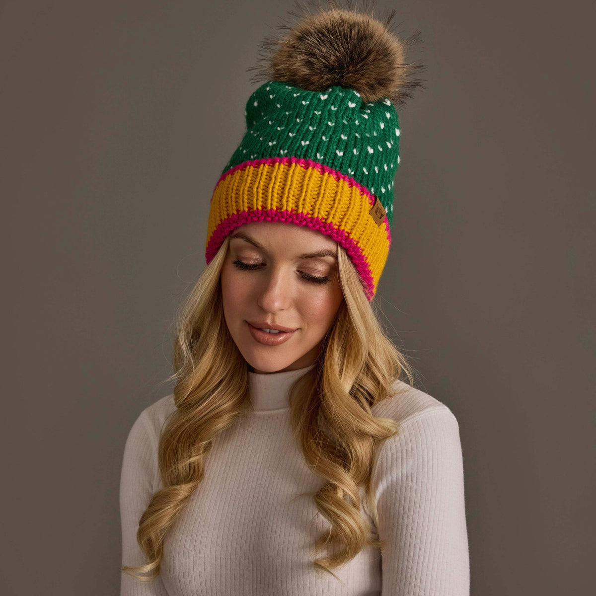 Green, White & Mustard Heart Design Pom Hat
