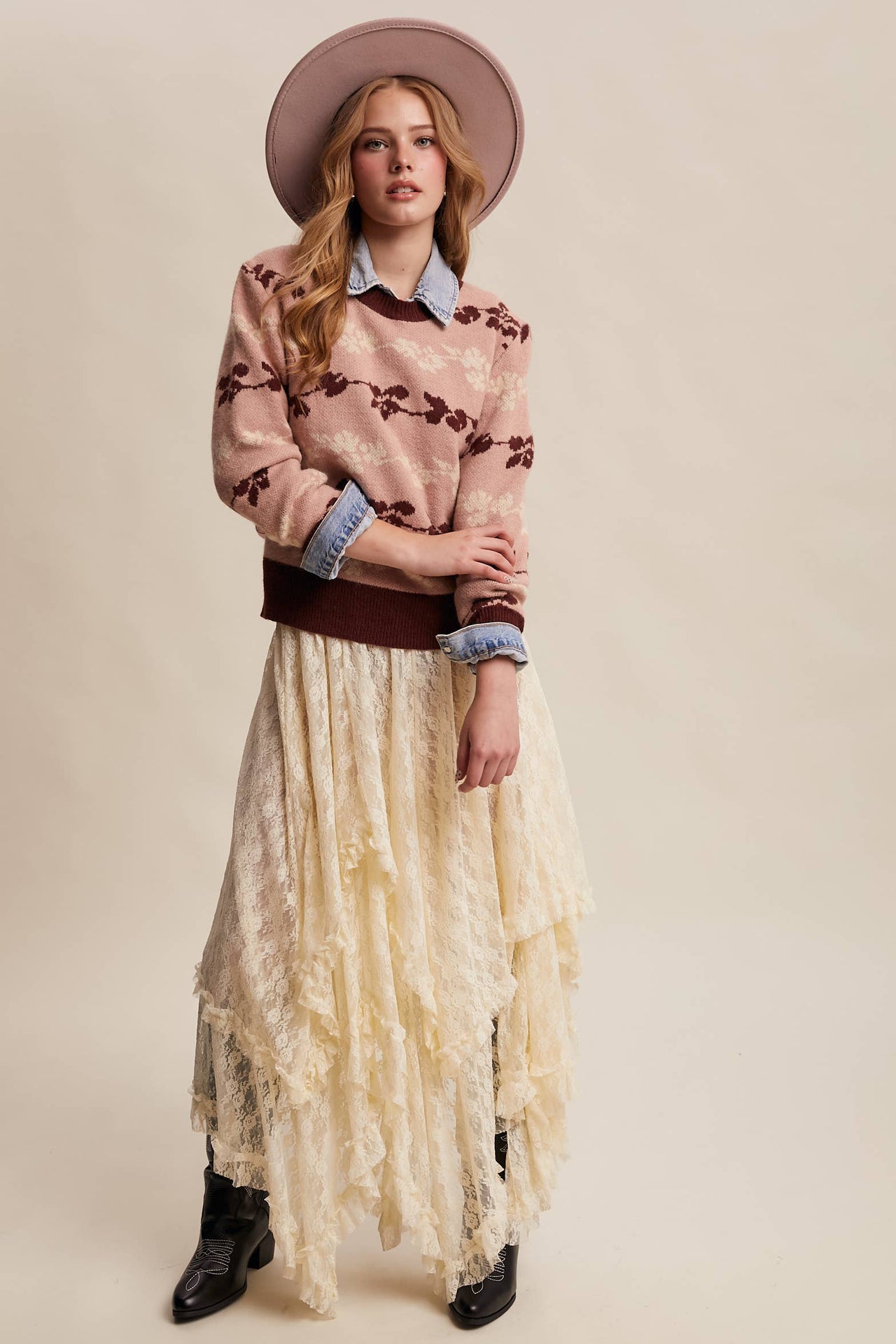 Floral Jacquard Knit Muted Rose Pullover Sweater