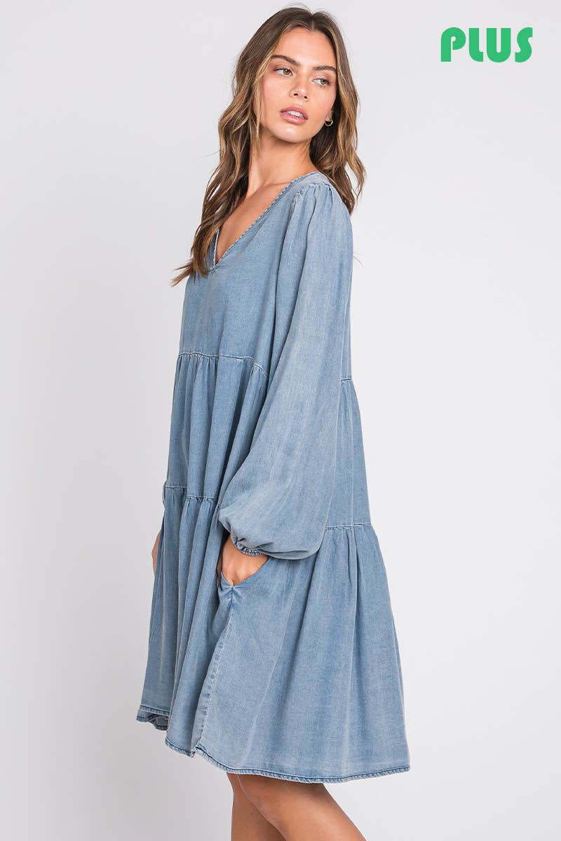 Thin Denim Tiered Dress Plus Size- Light Denim