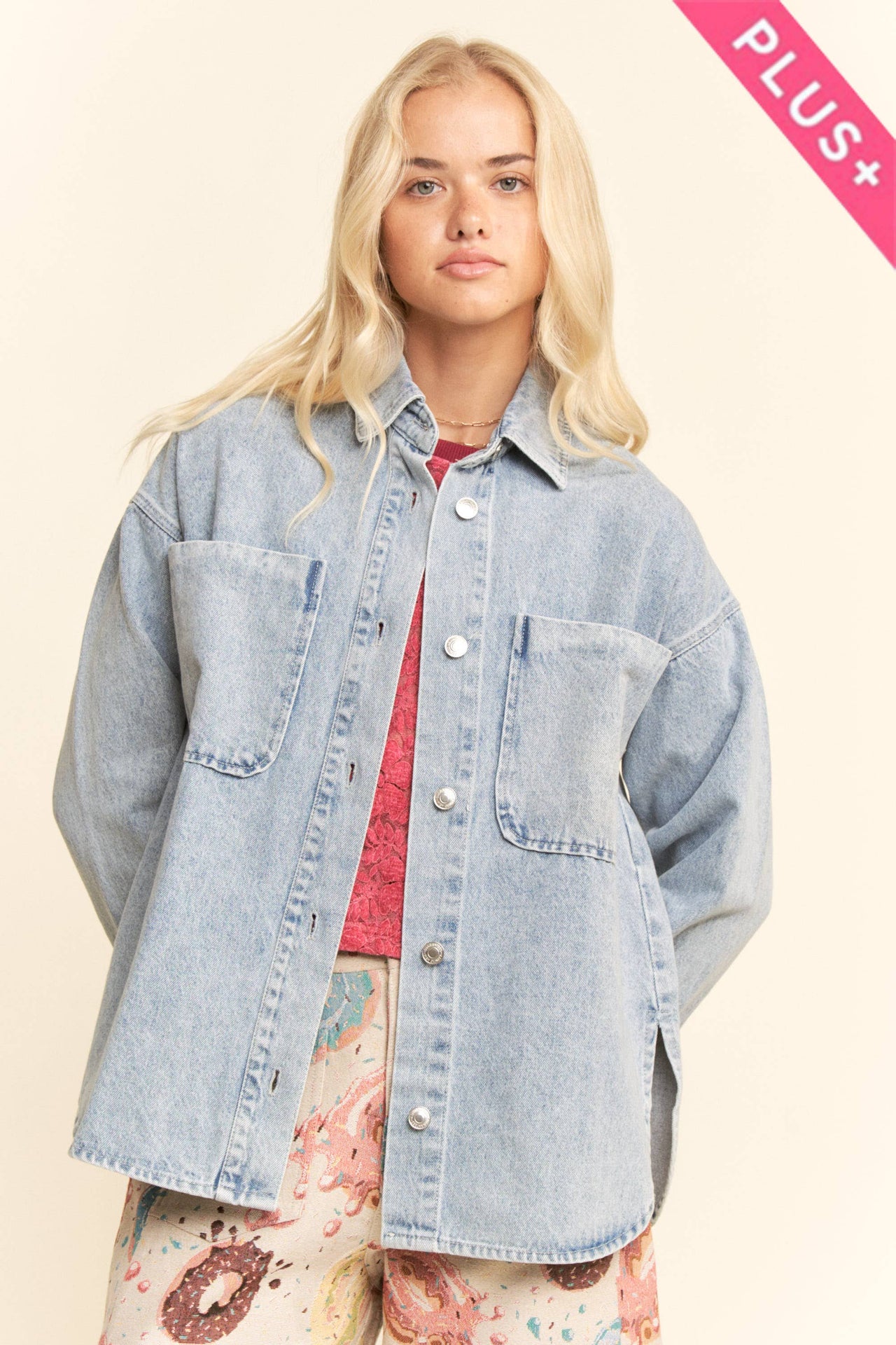 PLUS OVERSIZED DENIM JACKET FRONT CHEST POCKETS
