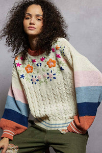 Thumbnail for Color block pattern floral embroidered chenille sweater top