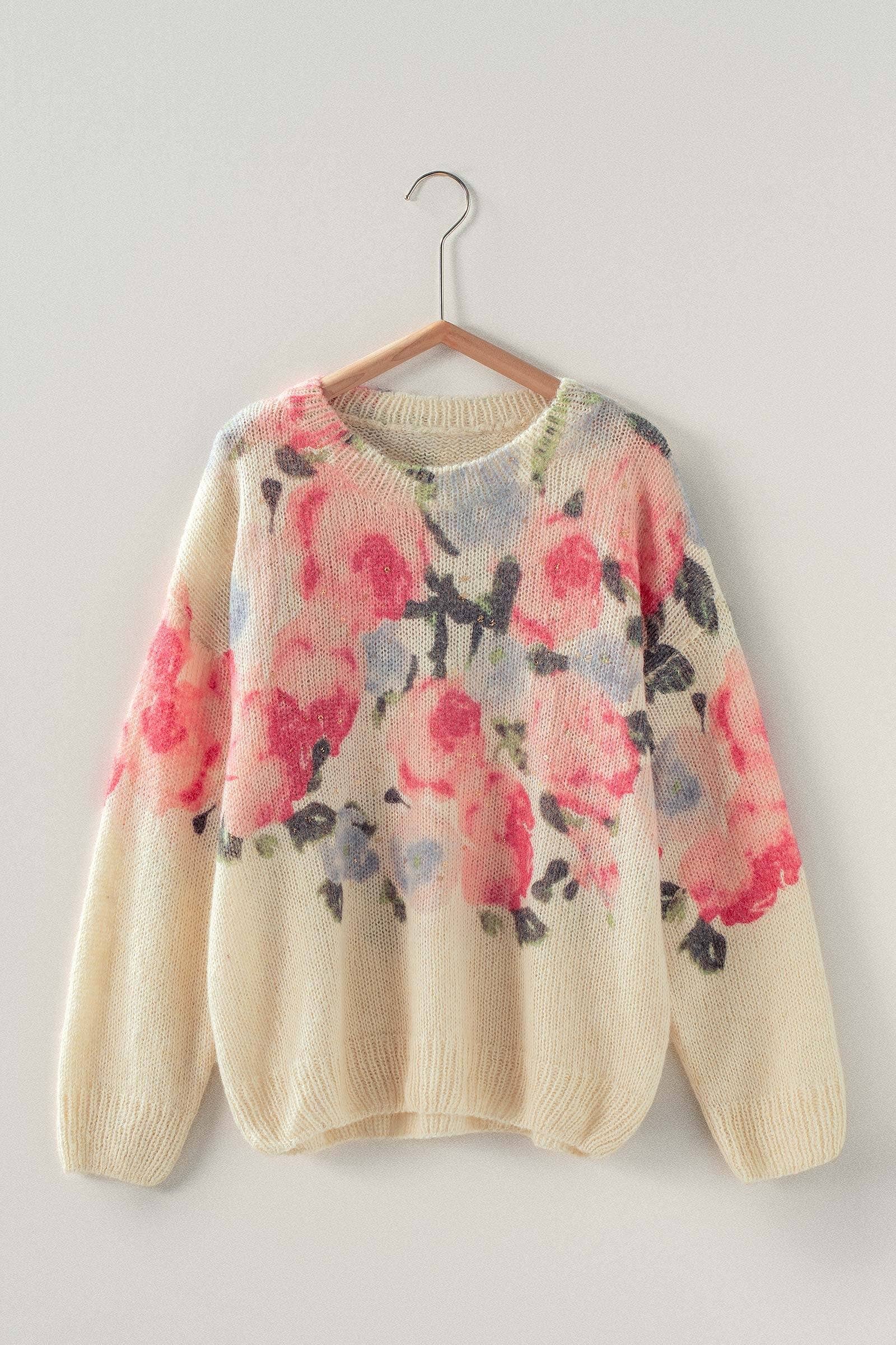 The Rosalie Floral Knit Sweater | Cream & Pink