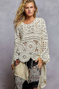 Thumbnail for Long sleeve round neck chenille varied crochet sweater top