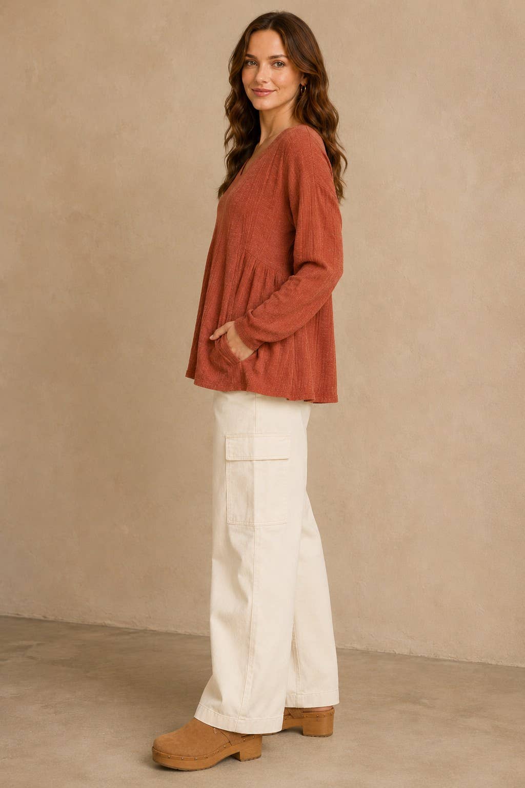 Plus size Rib knit long sleeve top with side yoke.